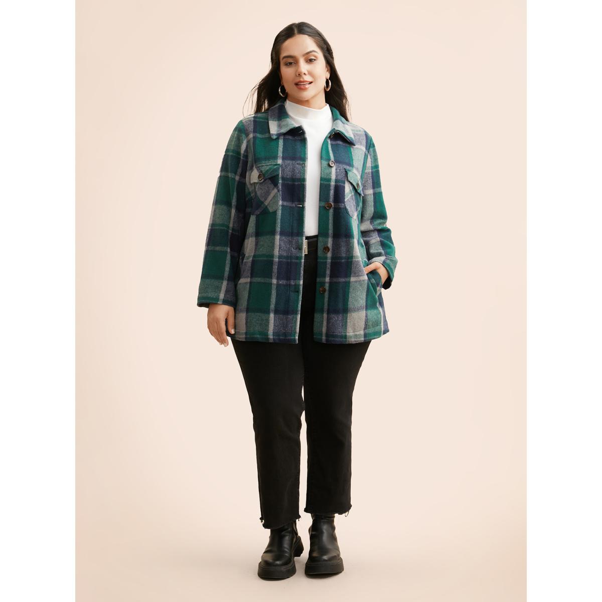 Plus Size Plaid Shirt Collar Patched Pocket Jacket Women DarkGreen Button Loose Slanted pocket Everyday Jackets BloomChic 28/5X Product Image
