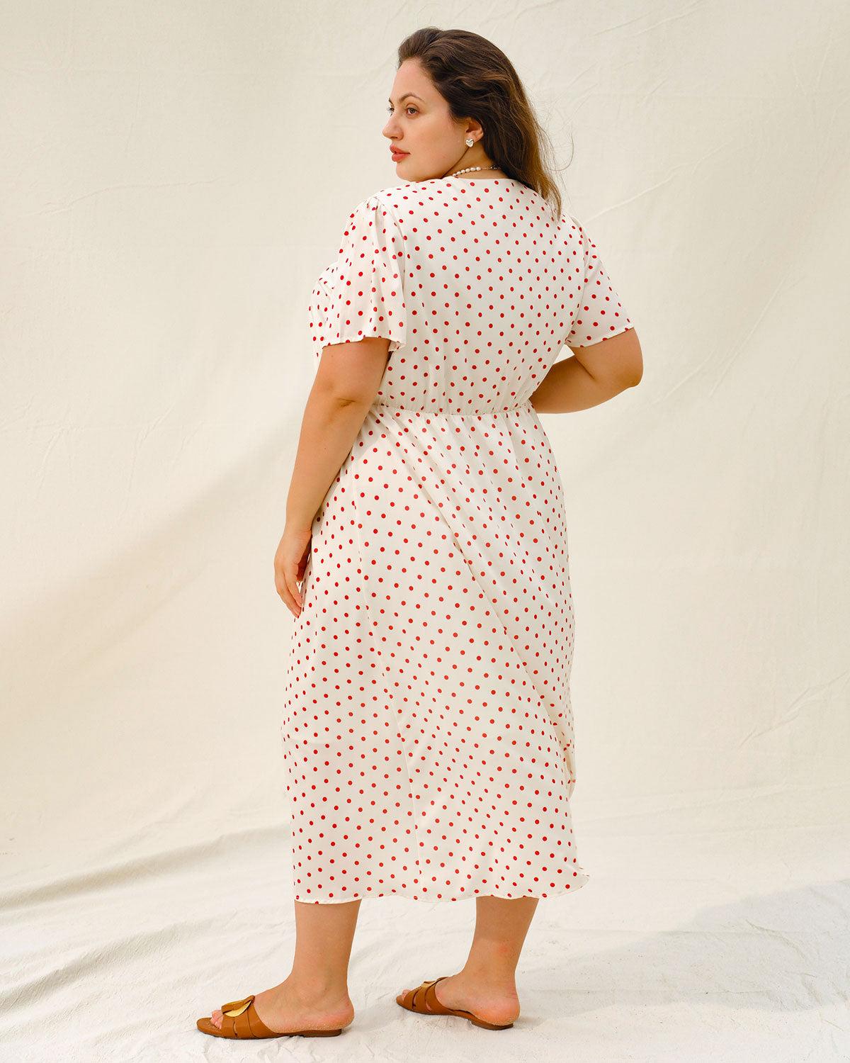 Beige Polka Dot Plus Size Midi Dress Product Image