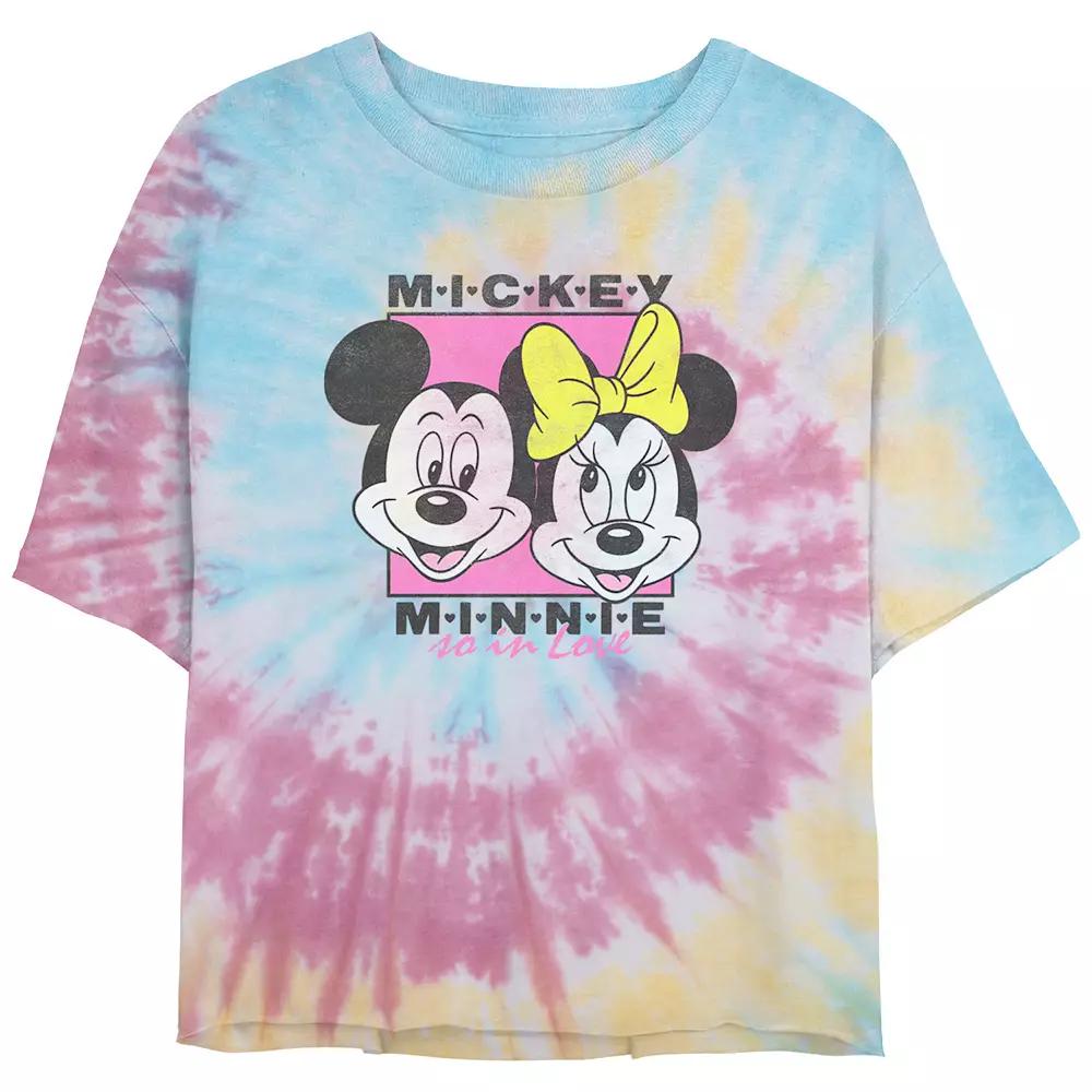 Disney's Mickey Mouse And Minnie In Love Juniors' Cropped Tie Dye Graphic Tee, Women's, Size: Medium, Blue Pink Light Yellow Product Image