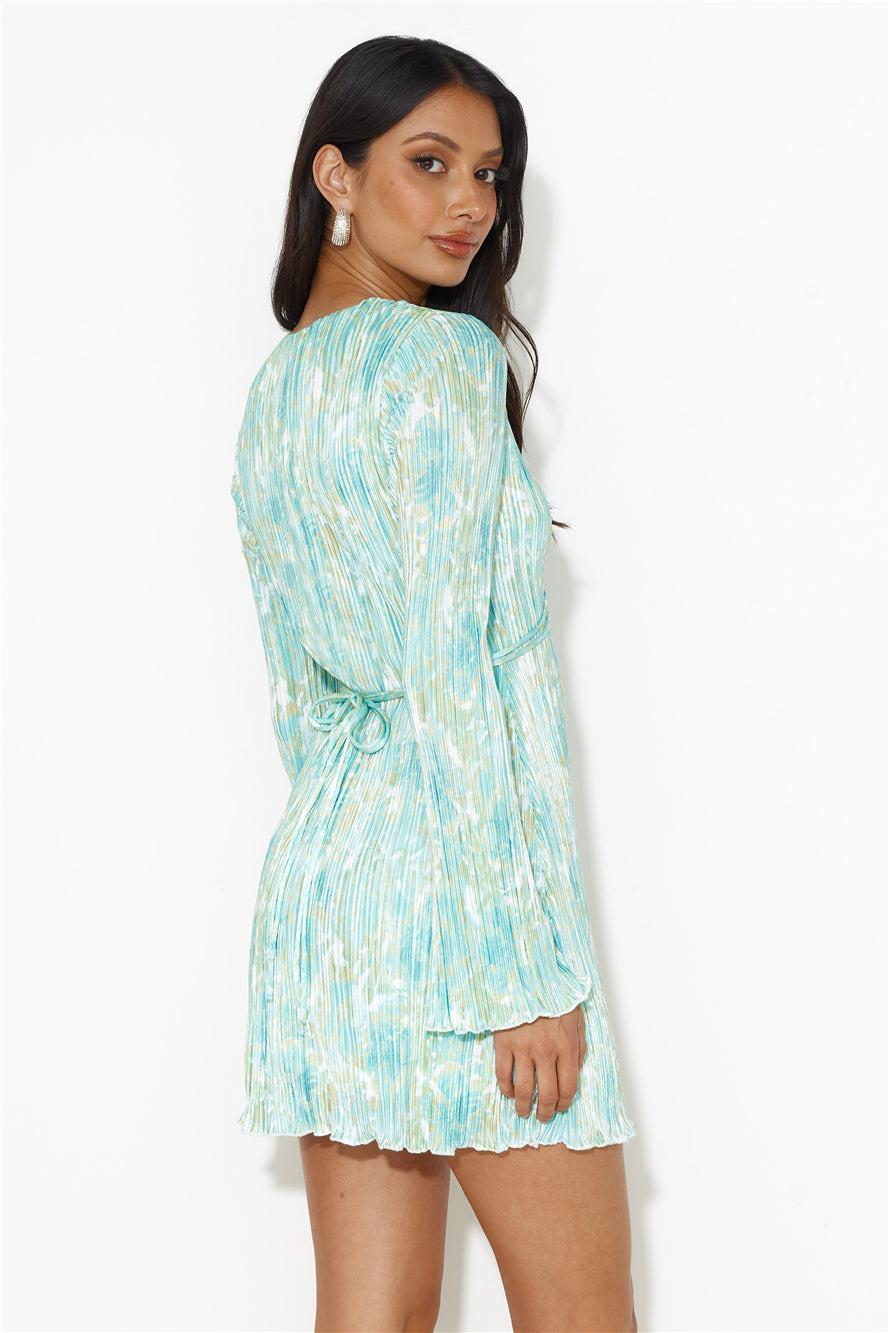 Free As A Bird Plisse Long Sleeve Mini Dress Green Product Image