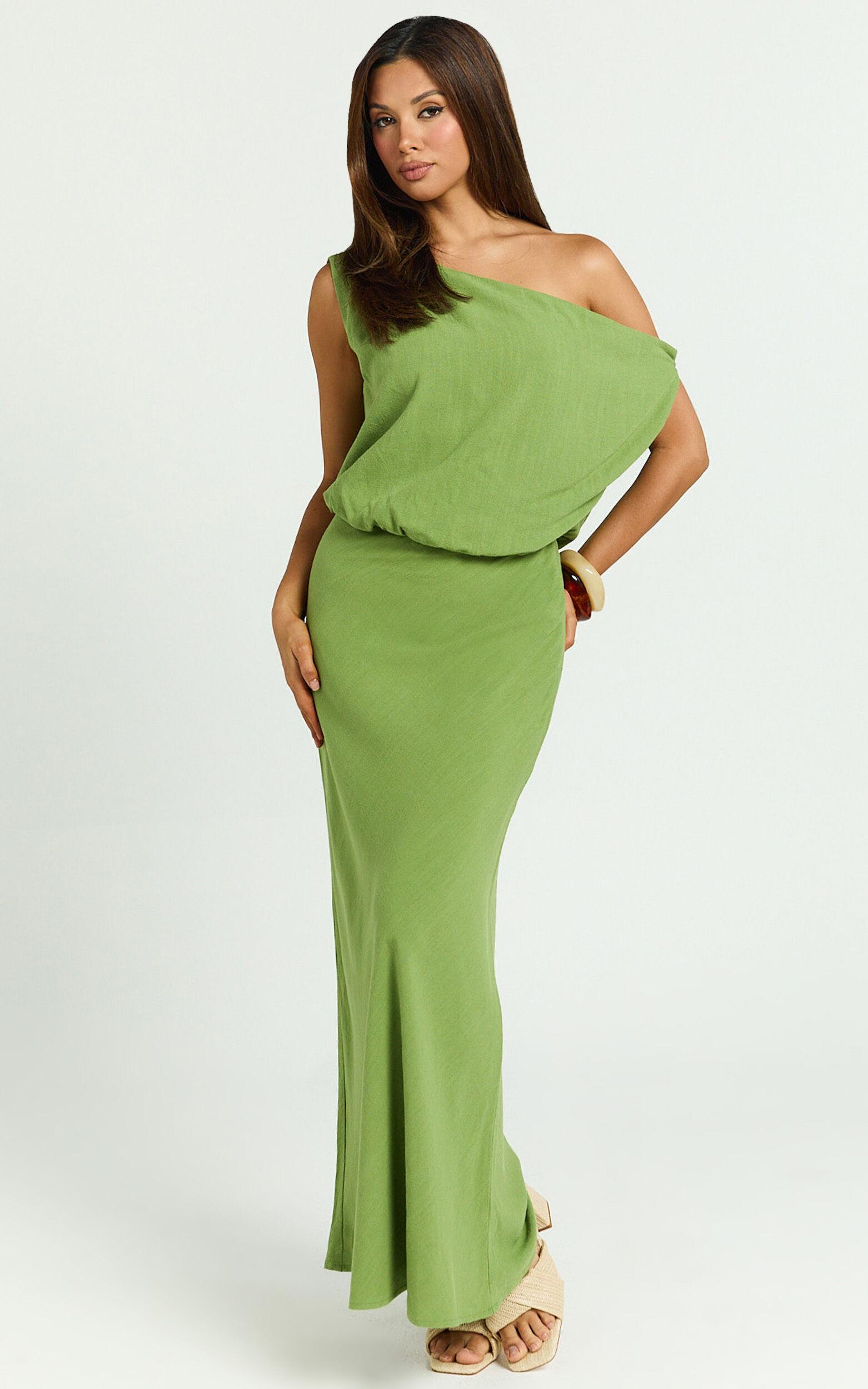 Jacqueline Midi Dress - Linen One Shoulder Dress in Green Product Image