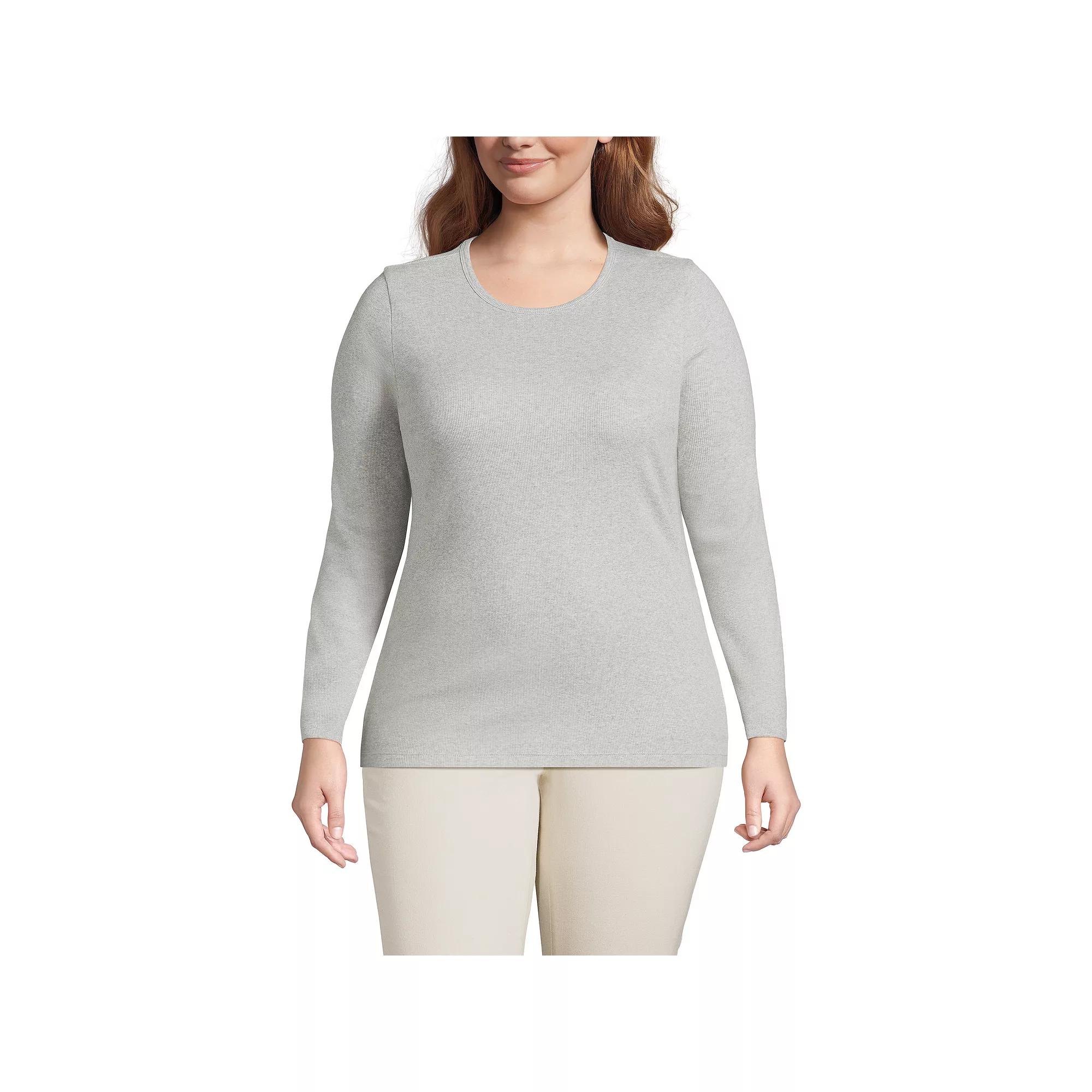 Plus Size Lands' End Long Sleeve Micro Rib Crewneck Top, Women's, Size: 1XL, Gray Grey Product Image