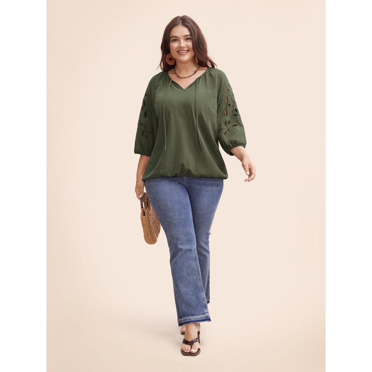 Plus Size Rust Broderie Anglaise Gathered Tie Knot Blouse Women Resort Elbow-length sleeve Round Neck Vacation Blouses BloomChic 28/5X Product Image