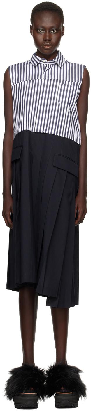 White & Navy Suiting x Cotton Poplin Midi Dress Product Image