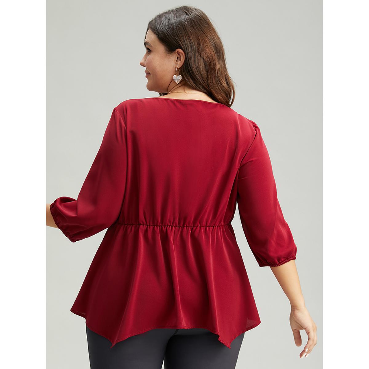 Plus Size Burgundy Plain Pearl Beaded Gathered Hanky Hem Blouse Women Glamour Elbow-length sleeve Round Neck Festival-Christmas Blouses BloomChic 30/6X Product Image