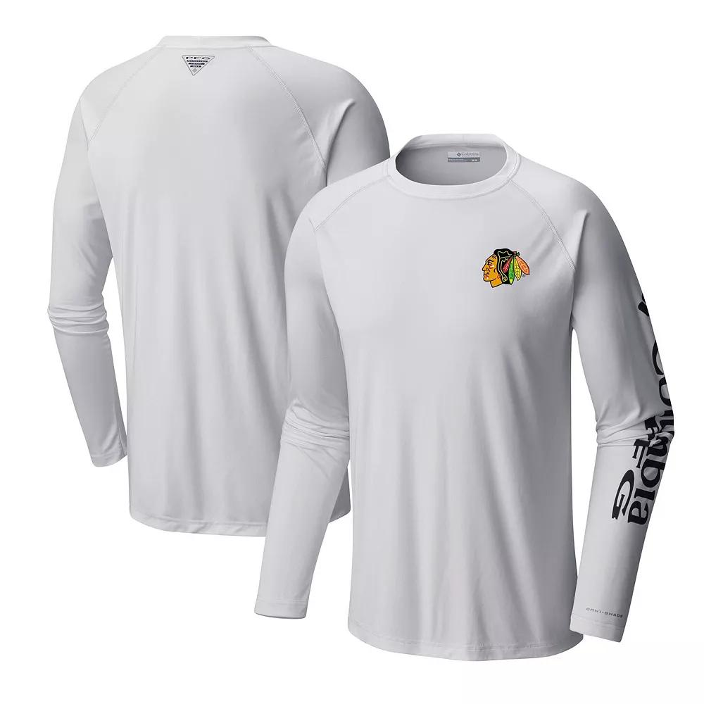 Men's Columbia White Chicago Blackhawks Terminal Tackle Omni-Shade Raglan Long Sleeve T-Shirt,  Product Image