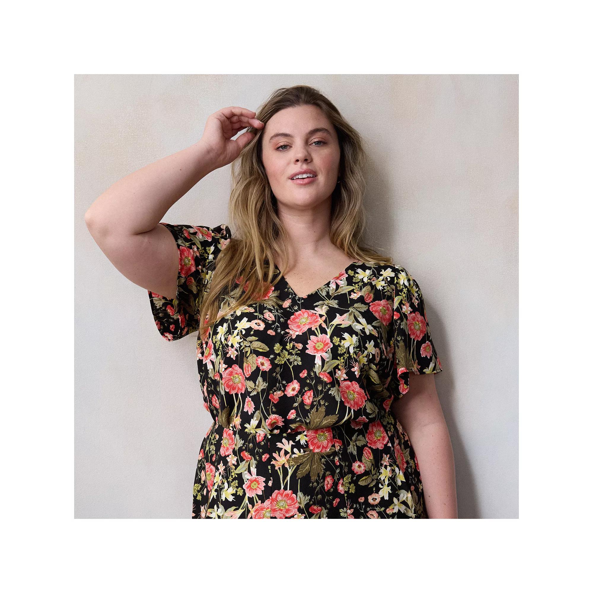 Plus Size LC Lauren Conrad Flutter Sleeve V-Neck Top, Women's, Size: 0X, Black Bryn Botanical Product Image