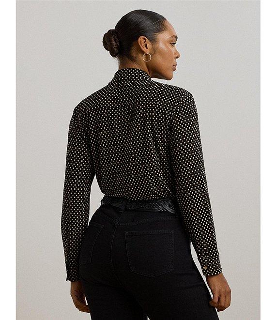 Lauren Ralph Lauren Plus Size Jersey Two-Tone Geometric Collared Long Sleeve Button Front Shirt Product Image