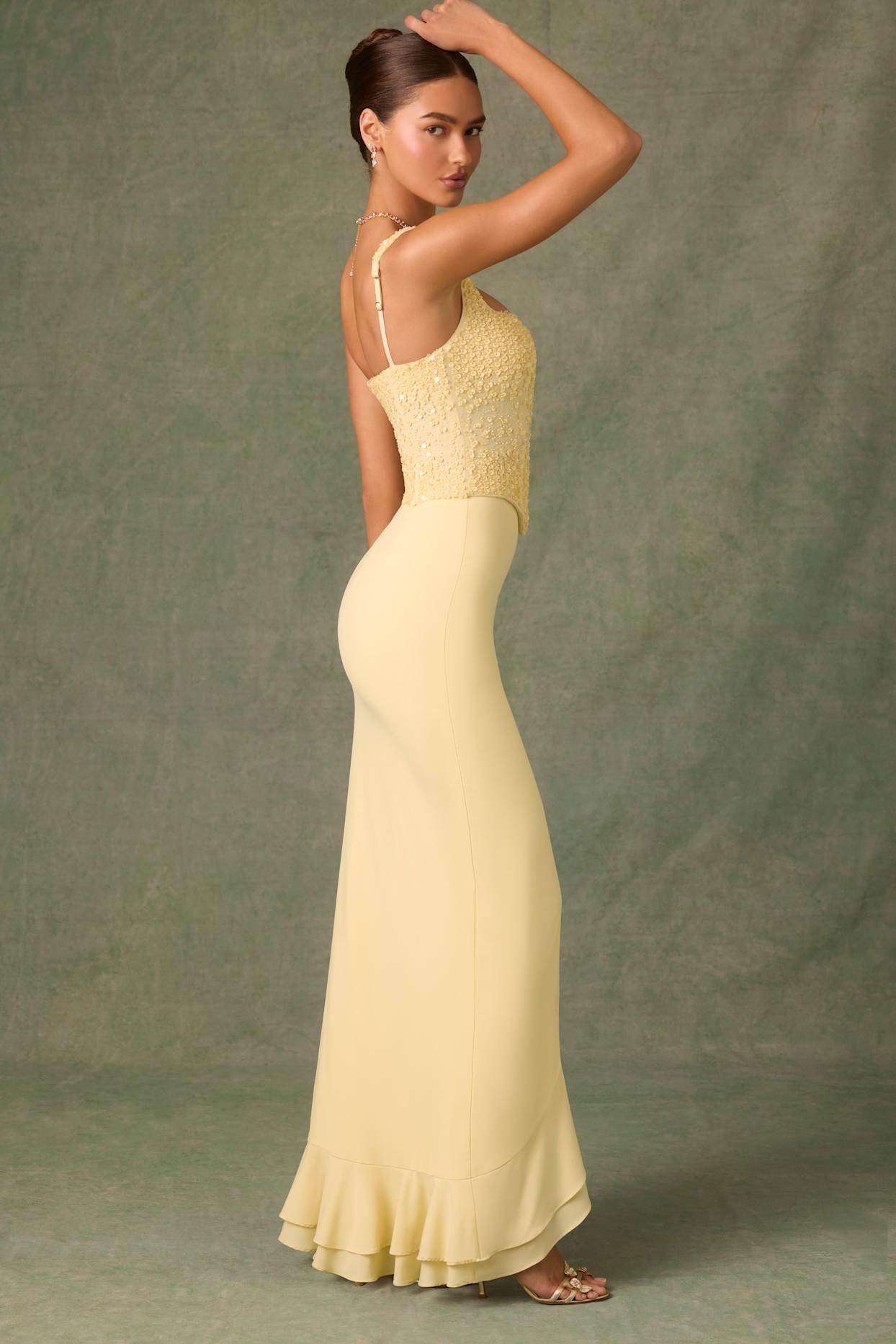 Embellished Ruffle-Trim Corset Gown in Yellow Product Image