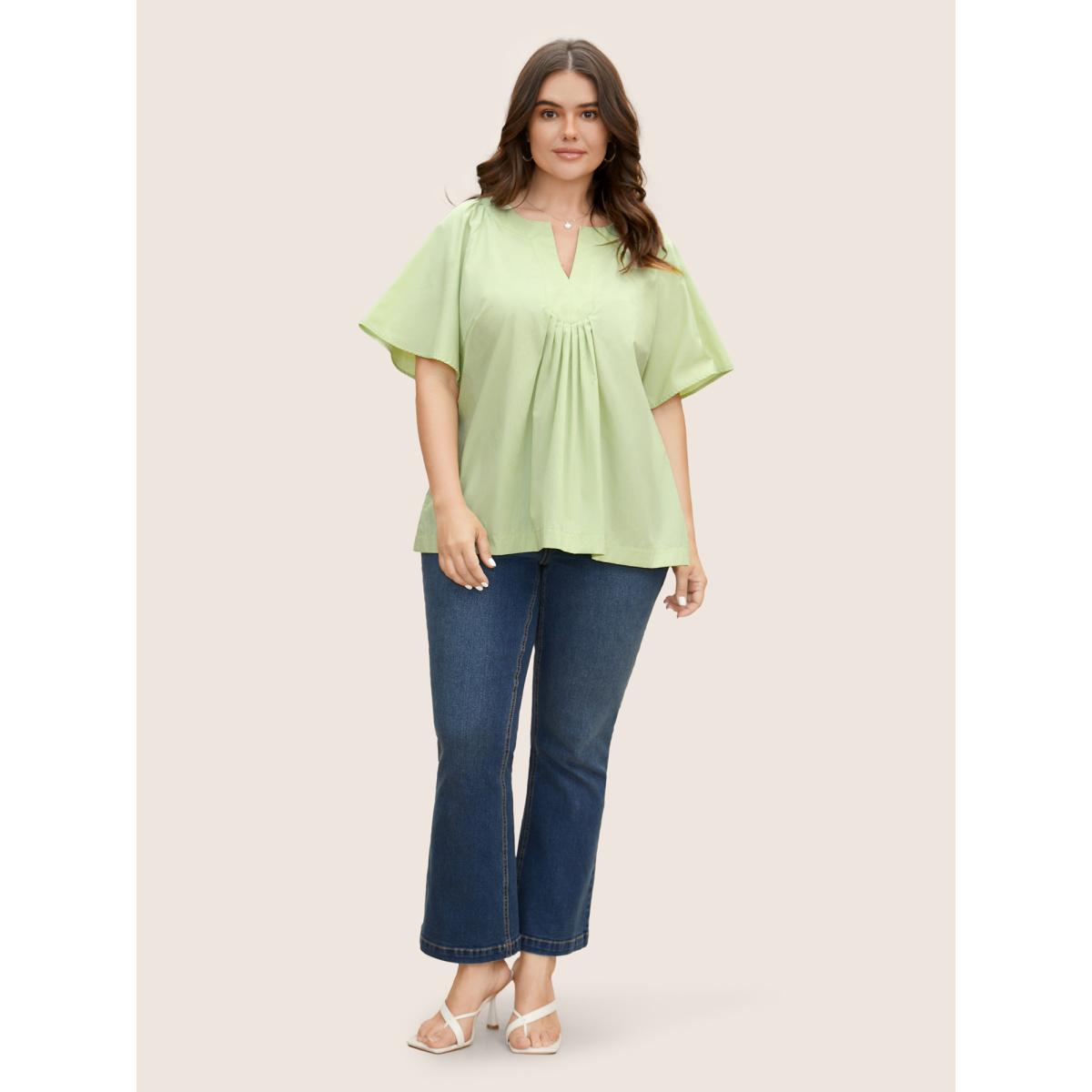 Plus Size LightGreen Ruffle Sleeve Ruffle Sleeve Pleated Blouse Women Casual Short sleeve V-neck Everyday Blouses BloomChic 22-24/3X Product Image