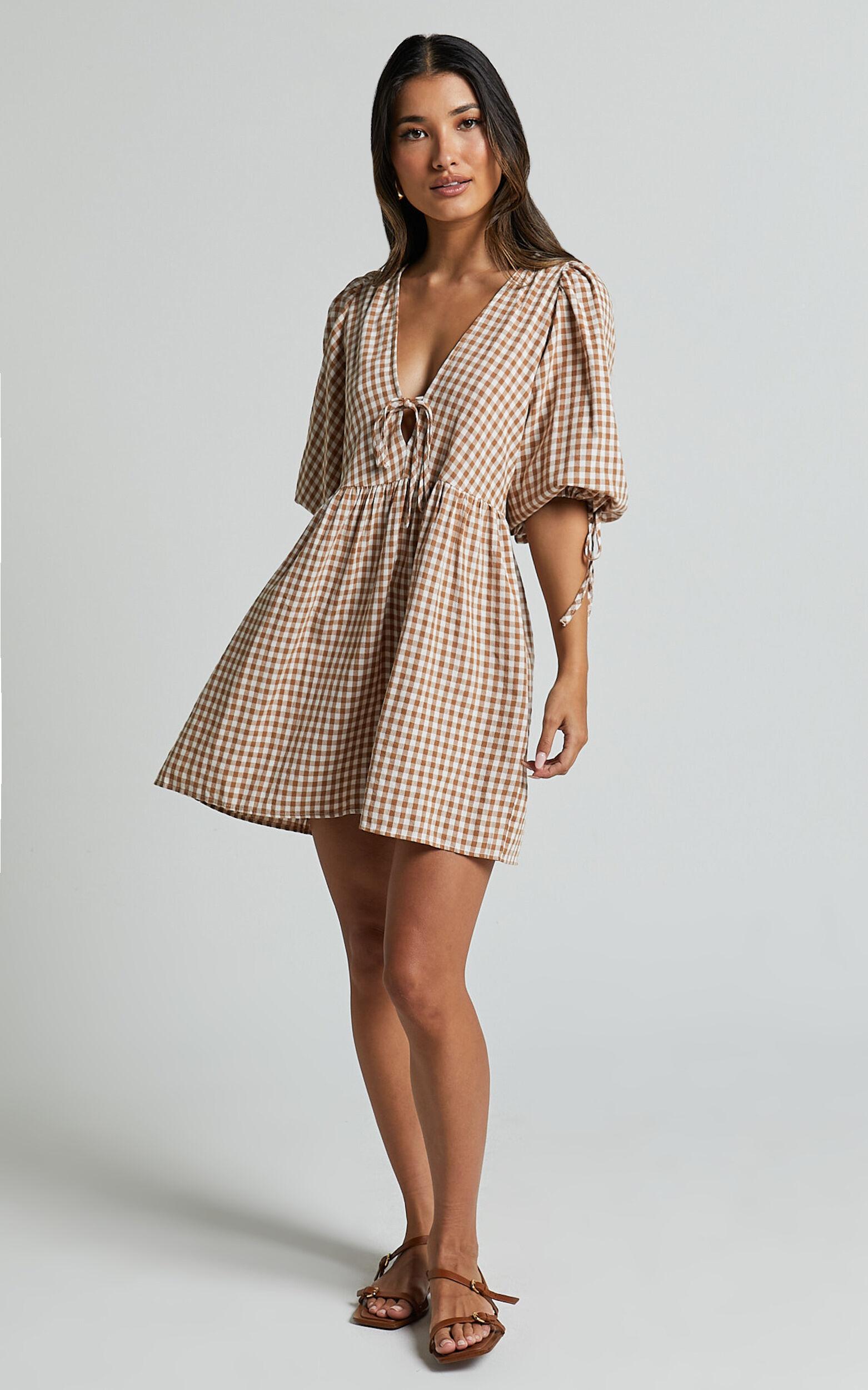 Rosita Mini Dress - Tie Front Puff Sleeve Dress in Caramel & White Gingham Product Image