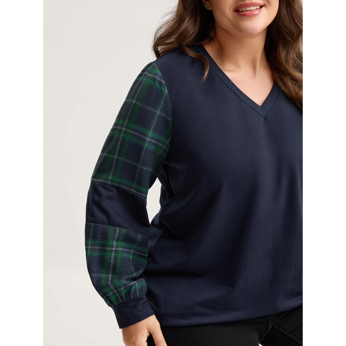 Plus Size Plaid Sleeve Color Contrast Sweatshirt Women Indigo Contrast Loose V-neck Casual Sweatshirts BloomChic 18-20/2X Product Image