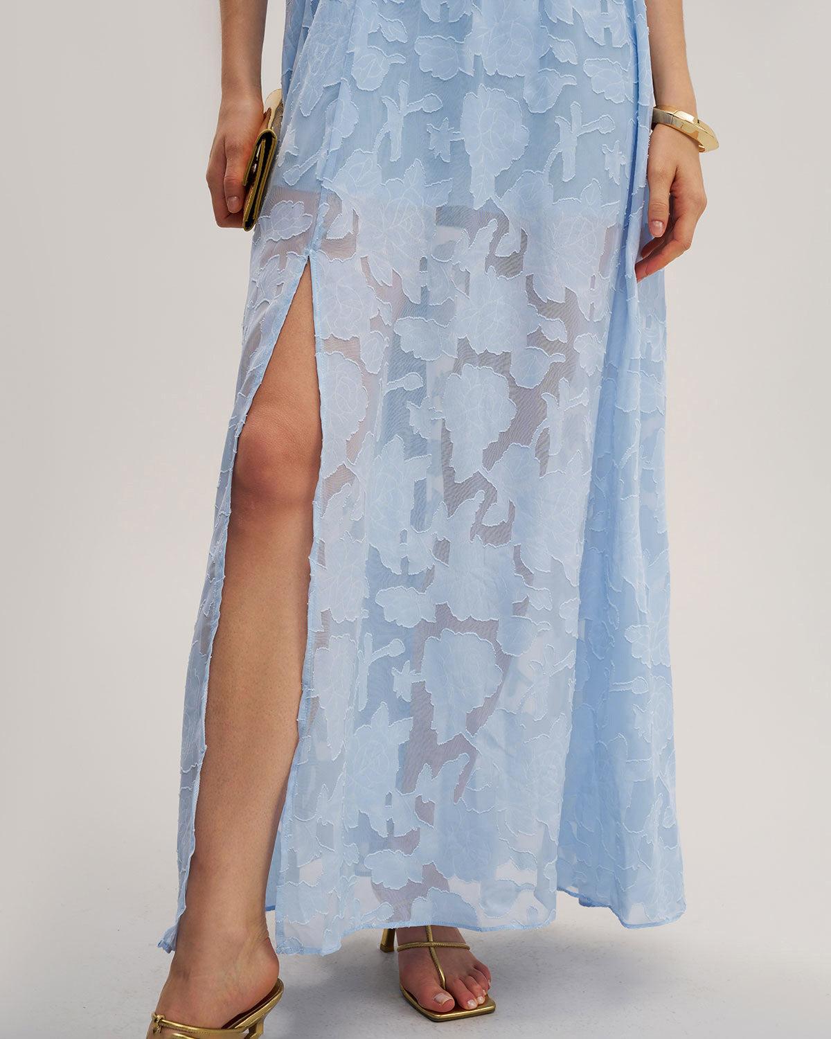 Blue Jacquard Slit Sleeveless Maxi Dress Product Image