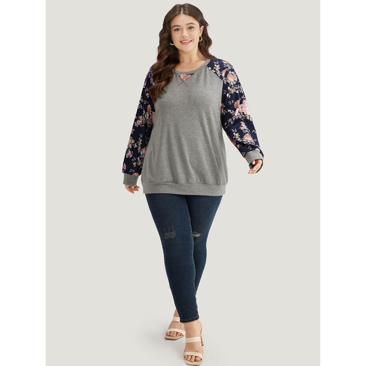 Plus Size Floral Patchwork Raglan Sleeve Sweatshirt Women Gray Elegant Contrast Round Neck Everyday Sweatshirts BloomChic 28/5X Product Image