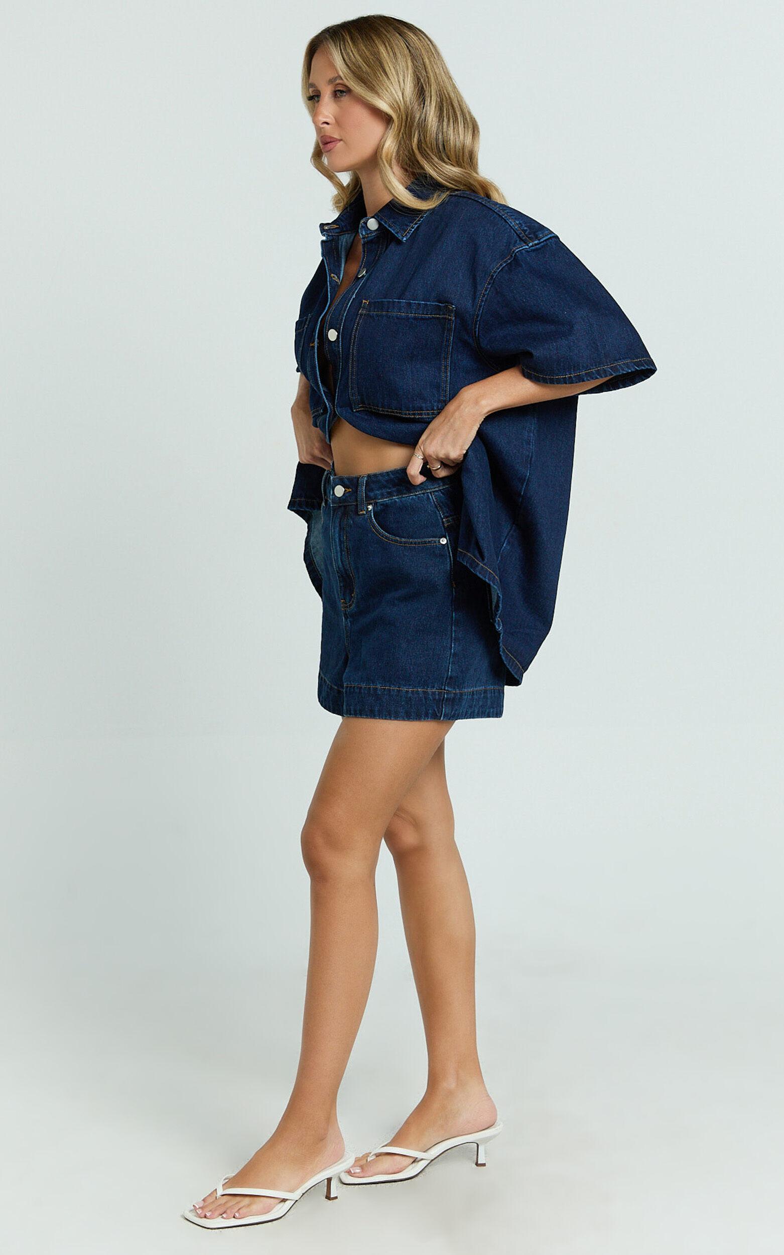 Rhianna Shorts - Mid Waist Recycled Denim Shorts in Indigo Wash Product Image