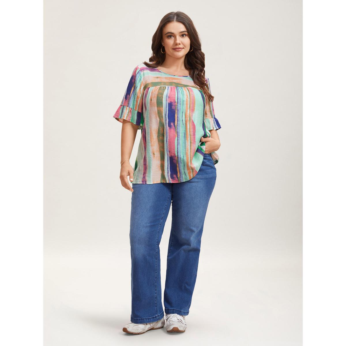 Plus Size Multicolor Multi-Color Striped Curved Hem Shirt Women Casual Half Sleeve Round Neck Everyday Blouses BloomChic 28/5X Product Image