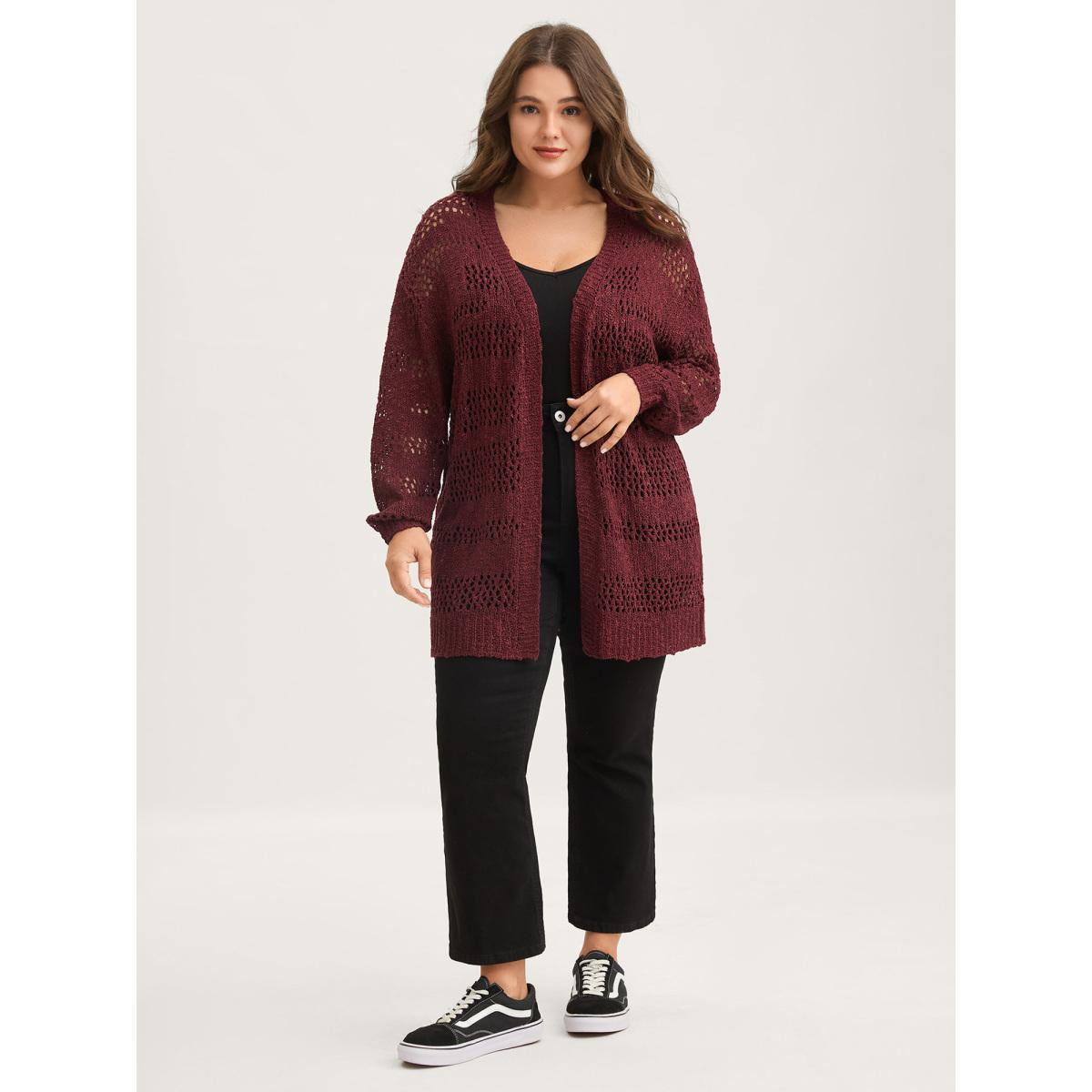Plus Size Textured Cut-Out Open-Front Knit Cardigan Russet Women Leisure Loose Long Sleeve Casual Cardigans BloomChic 10/M Product Image