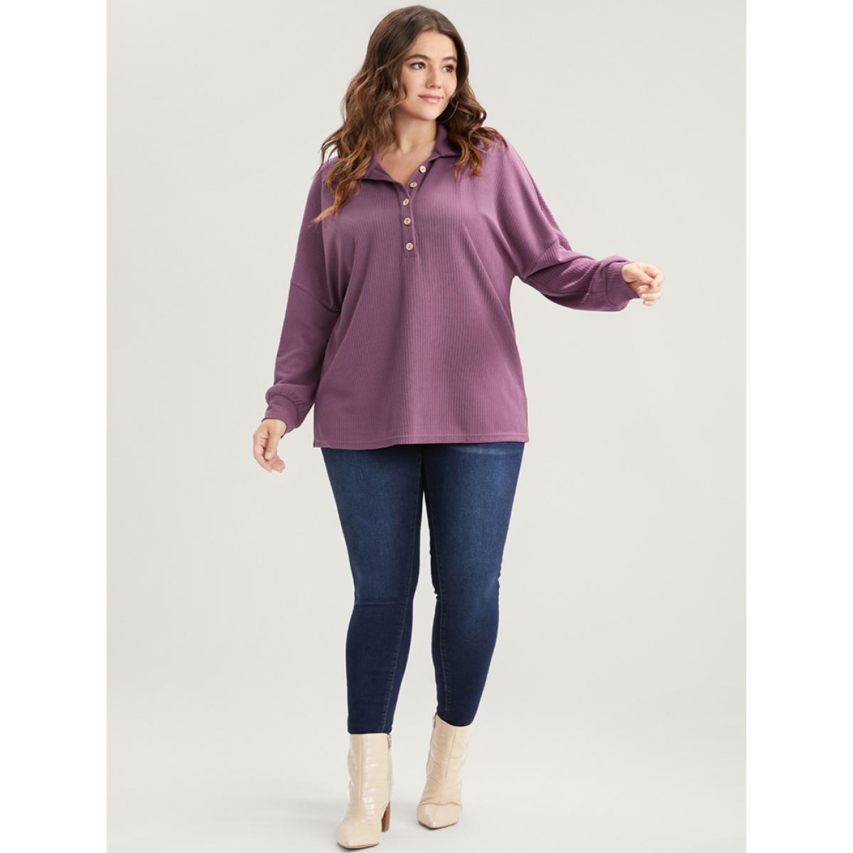 Plus Size Solid Polo Neck Rib Knit Long Tee Mauve Women Elegant Plain Shirt collar Loose Dailywear T-shirts BloomChic 22-24/3X Product Image
