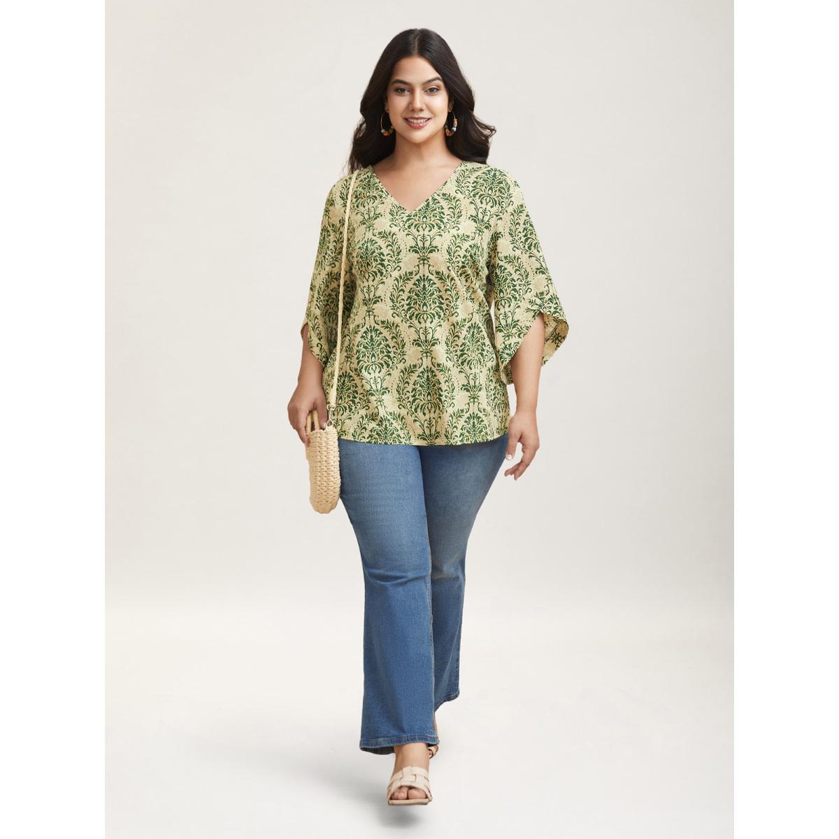 Plus Size Moss Damask Print Flared Sleeve V-Neck Shirt Women Boho Elbow-length sleeve V-neck Vacation Blouses BloomChic 12/L Product Image