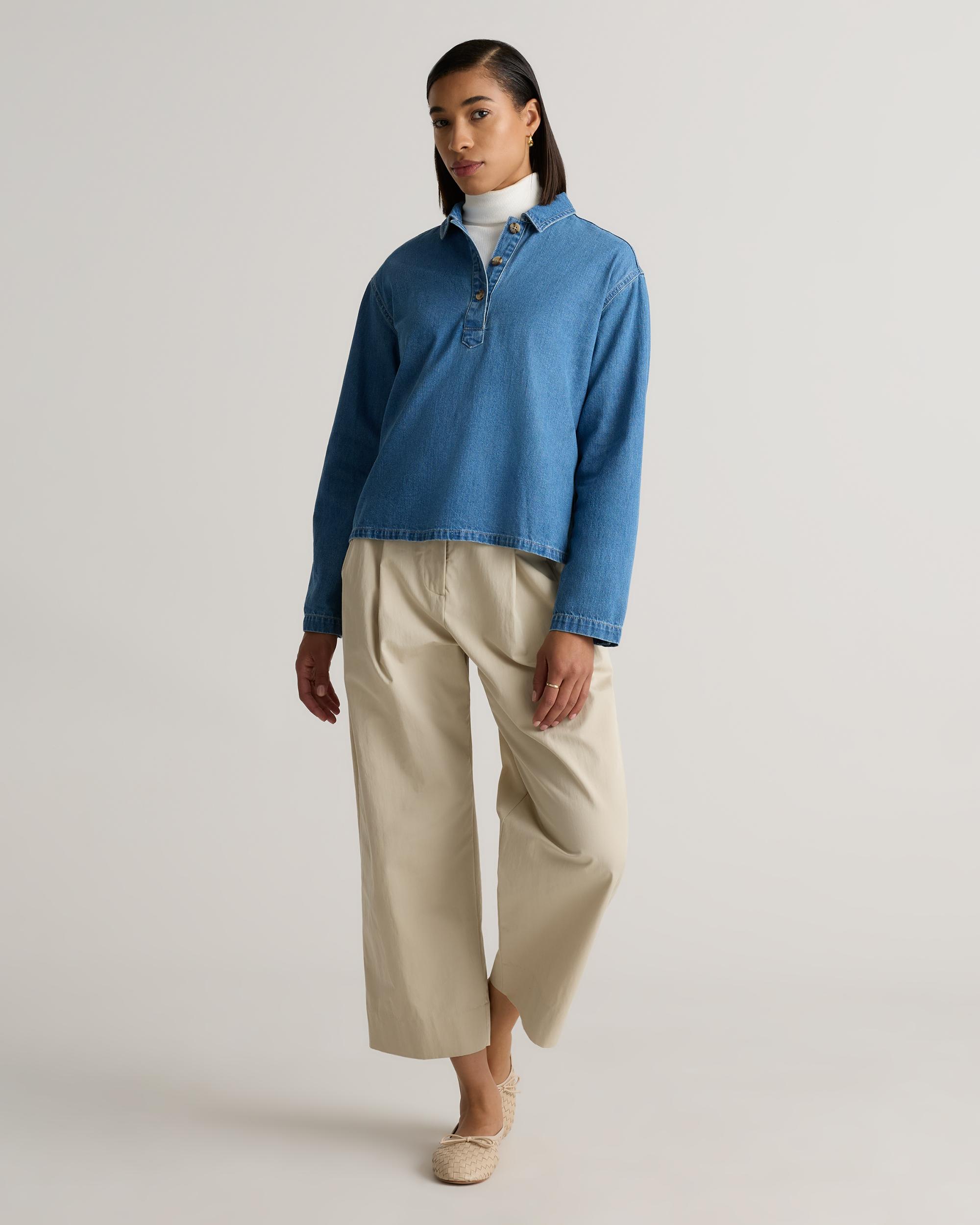 Quince | Women's Distressed Denim Popover Shirt Organic Cotton Product Image