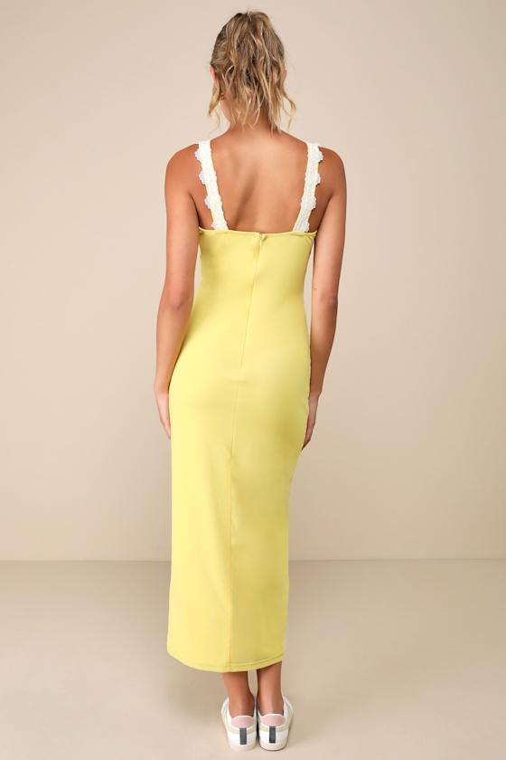 Ray of Charm Yellow Mesh Lace Sleeveless Midi Dress Product Image