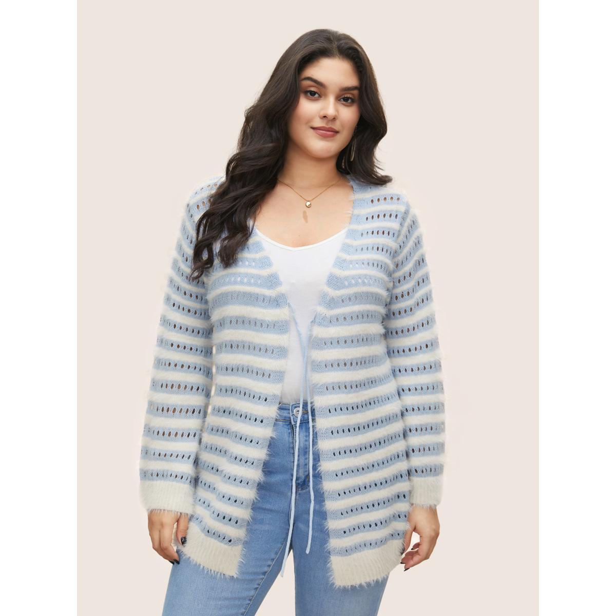 Plus Size Striped Contrast Ties Front Eyelet Cardigan LightBlue Women Casual Long Sleeve Everyday Cardigans BloomChic 10/M Product Image