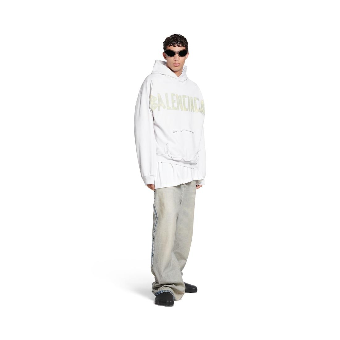 Tape Type Ripped Pocket Hoodie Large Fit in White Product Image
