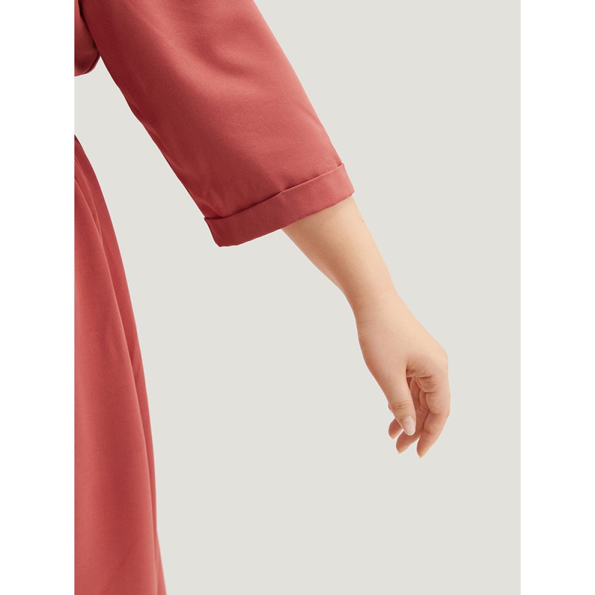 Plus Size Plain Pleated Gathered Wrap Pocket Dress OrangeRed Women Casual Gathered V-neck Elbow-length sleeve Curvy Midi Dress BloomChic 14-16/1X Product Image