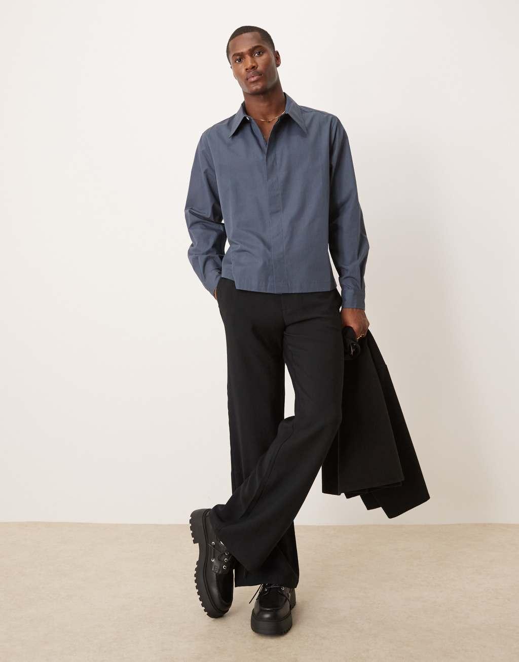 ASOS DESIGN boxy cropped 70s collar poplin shirt in gray Product Image