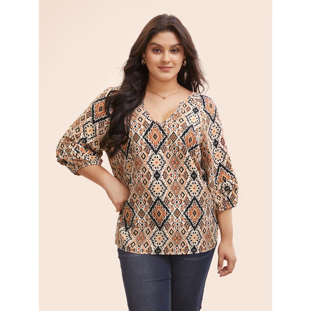 Plus Size Browncoffeecolor Bandana Geometric Pleated Lantern Sleeve Blouse Women Timeless Elbow-length sleeve V-neck Elegant Blouses BloomChic 18-20/2X Product Image