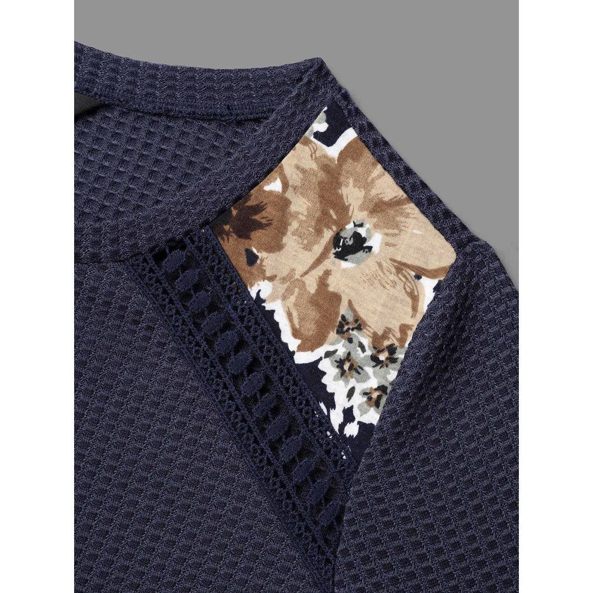 Plus Size Natural Flowers Patchwork Woven Ribbon T-shirt Indigo Women Casual Woven ribbon&lace trim Round Neck Everyday T-shirts BloomChic 10/M Product Image