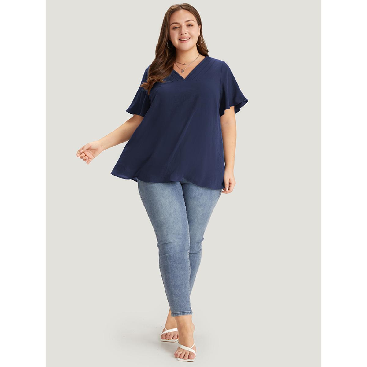 Plus Size Indigo Solid Pleated V Neck Blouse Women Office Short sleeve V-neck Dailywear Blouses BloomChic 26/4X Product Image