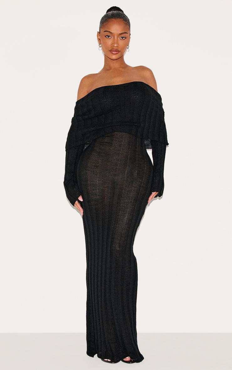 Shape Black Rib Bardot Long Sleeve Maxi Dress Product Image