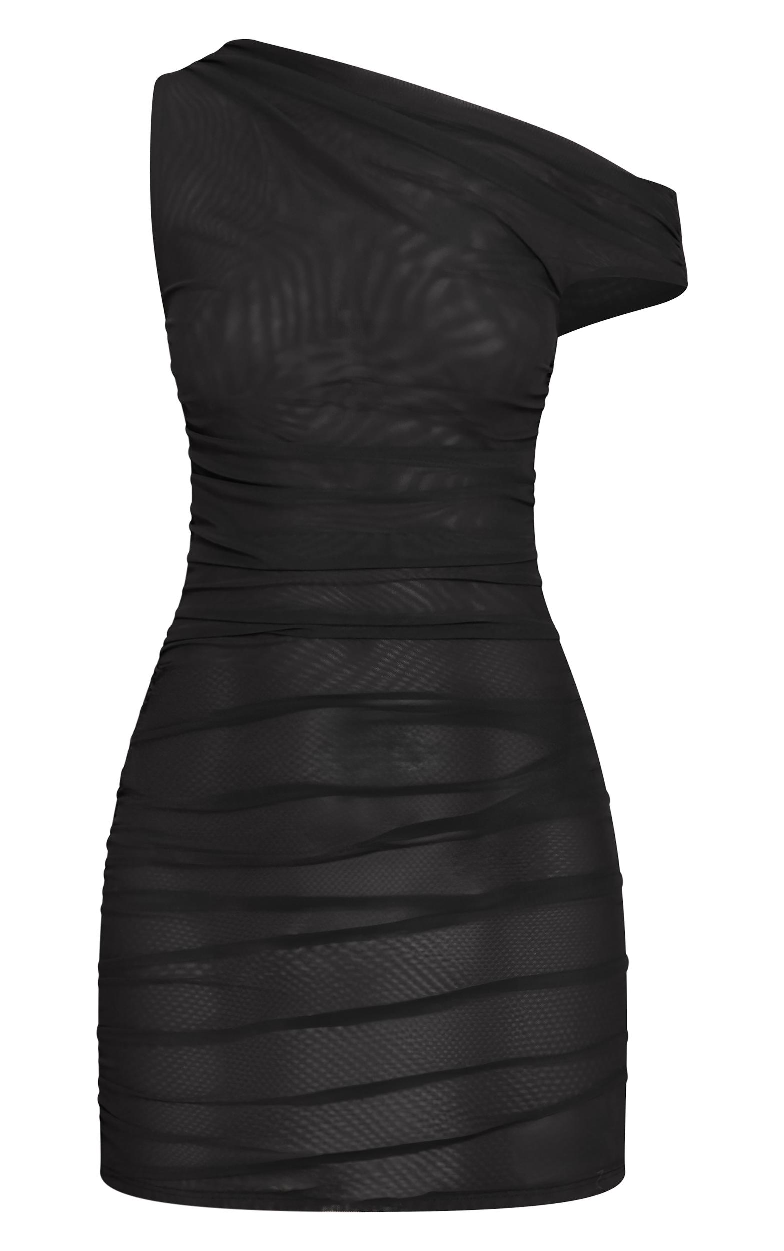 Black Double Layer Mesh Ruched Mini Dress Product Image