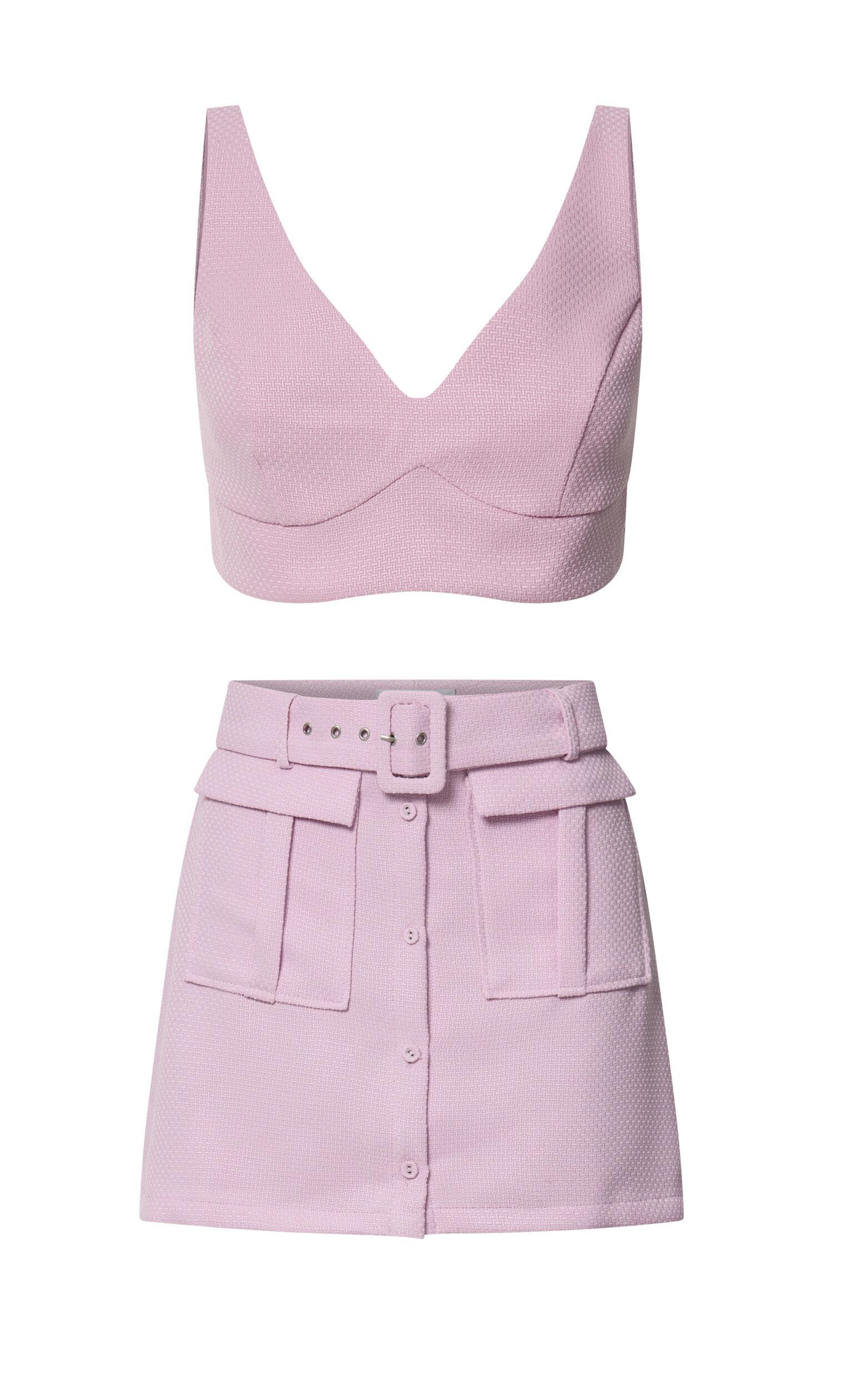 Sarah Two Piece Set - V Neck Crop Top and Belted Utility Mini Skirt in Pale Pink Product Image