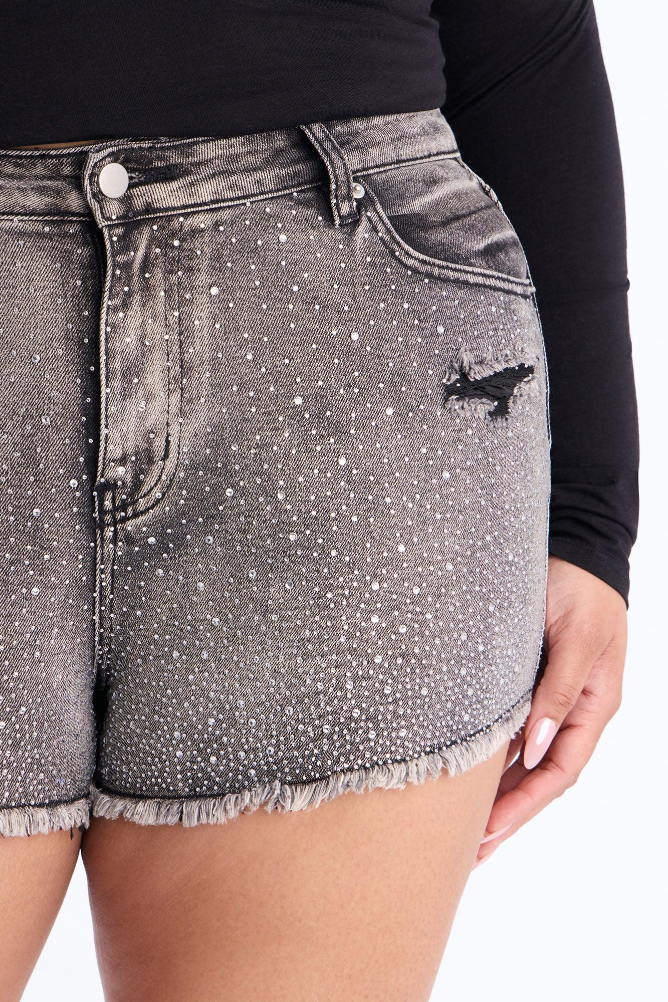 Shine Bright Embellished Stretch Denim Shorts - Grey Female Product Image