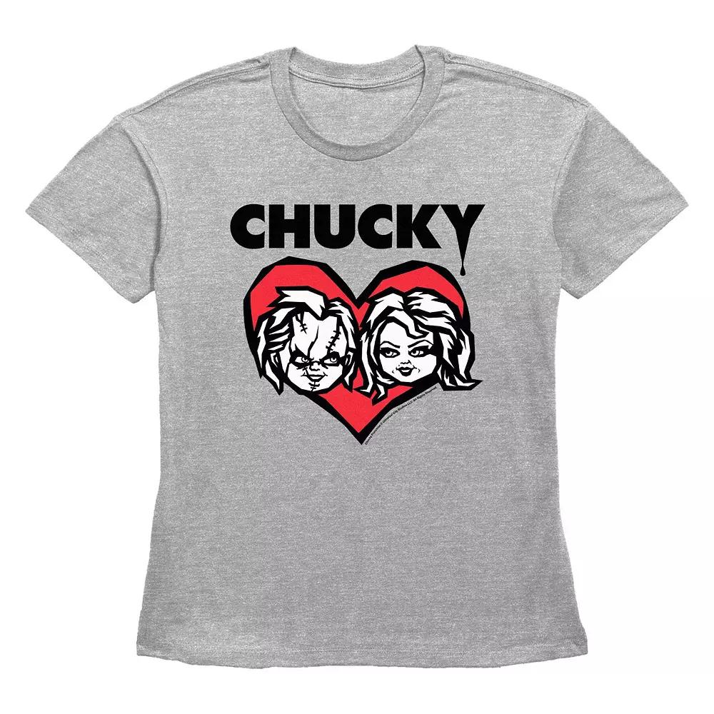 Women's Chucky And Tiffany Heart Portrait Graphic Tee, Size: Large, Grey Gray Product Image