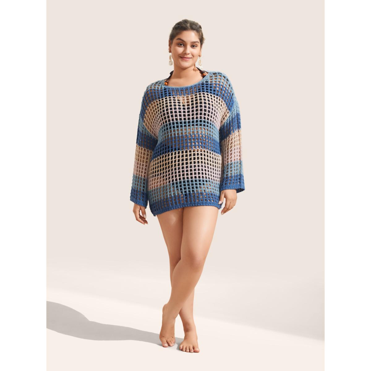 Plus Size Colorblock Contrast Cut Out Mesh Swim Cover Up Women's Swimwear Multicolor Beach Loose See through Curve Swim Cover Ups BloomChic 12/L Product Image