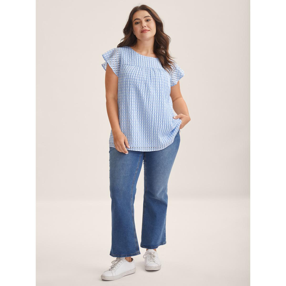 Plus Size LightBlue Textured Sheer Lined Flutter Sleeve Blouse Women Leisure Cap Sleeve Round Neck Casual Blouses BloomChic 30/6X Product Image