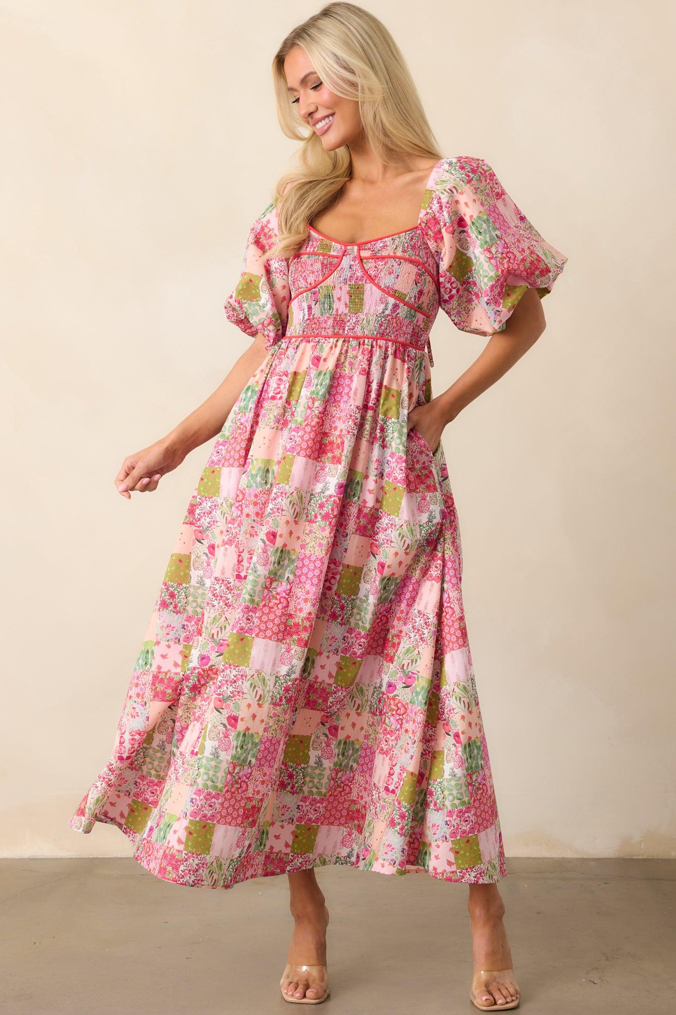 In My Free Time Pink Cotton Patchwork Maxi Dress Product Image