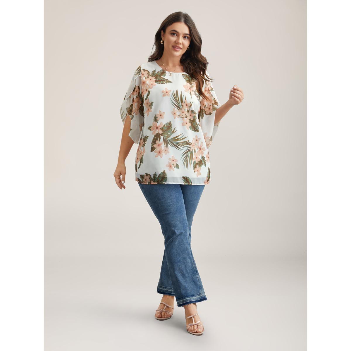 Plus Size WhiteSmoke Petal Sleeve Floral Round Neck Shirt Women Resort Elbow-length sleeve Round Neck Vacation Blouses BloomChic 26/4X Product Image