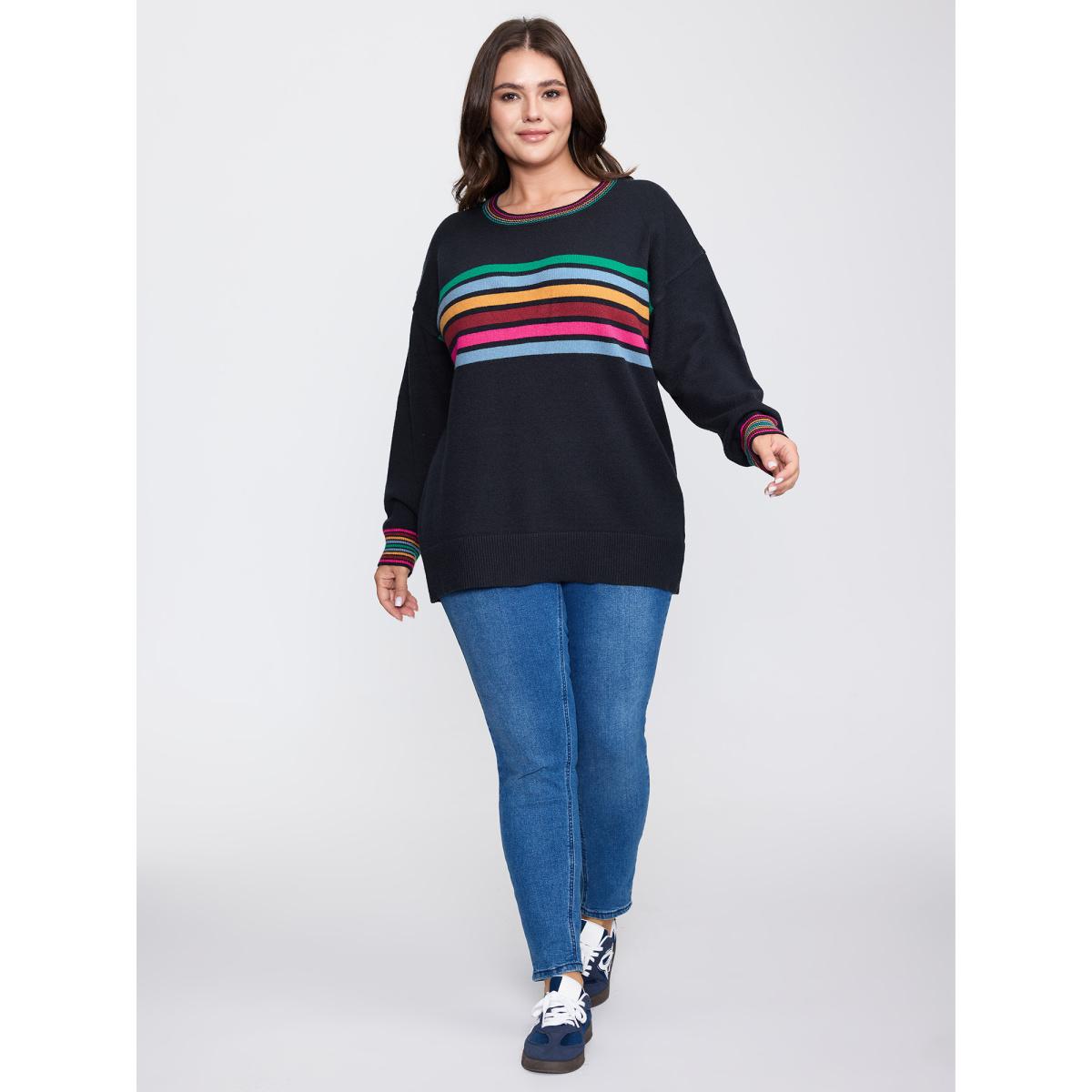 Plus Size Supersoft Colorful Stripe Pullover Indigo Women Leisure Loose Long Sleeve Round Neck Casual Pullovers BloomChic 22-24/3X Product Image