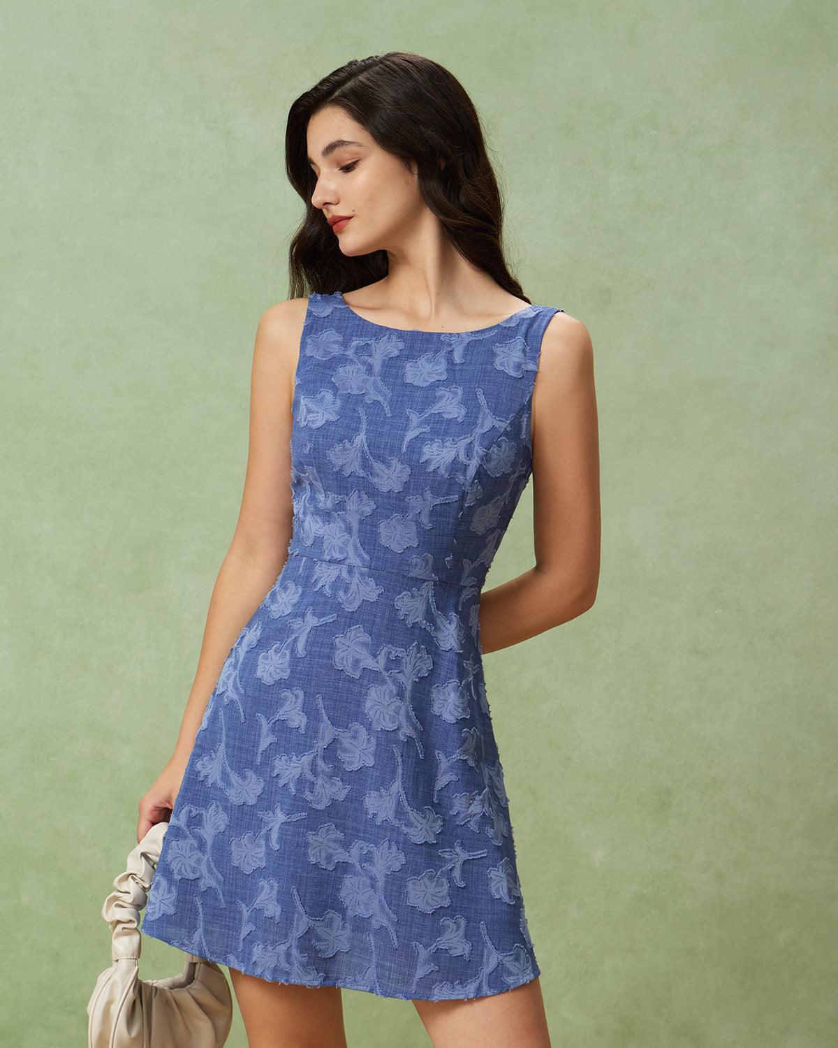 Blue Round Neck Sleeveless Mini Dress Product Image