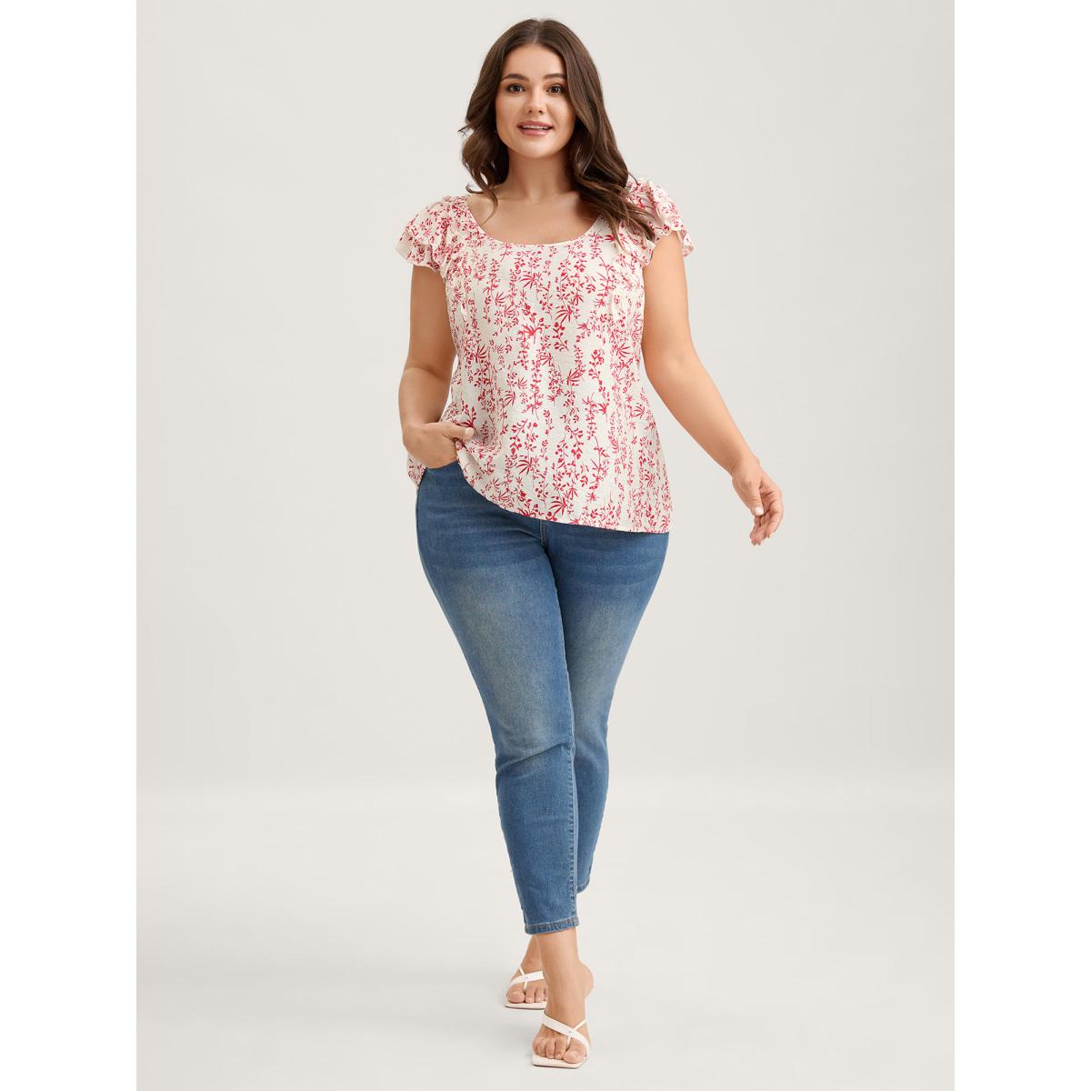 Plus Size Brightred Sweet Floral Bow Back Flutter Blouse Women Timeless Cap Sleeve Square Neck Elegant Blouses BloomChic 10/M Product Image