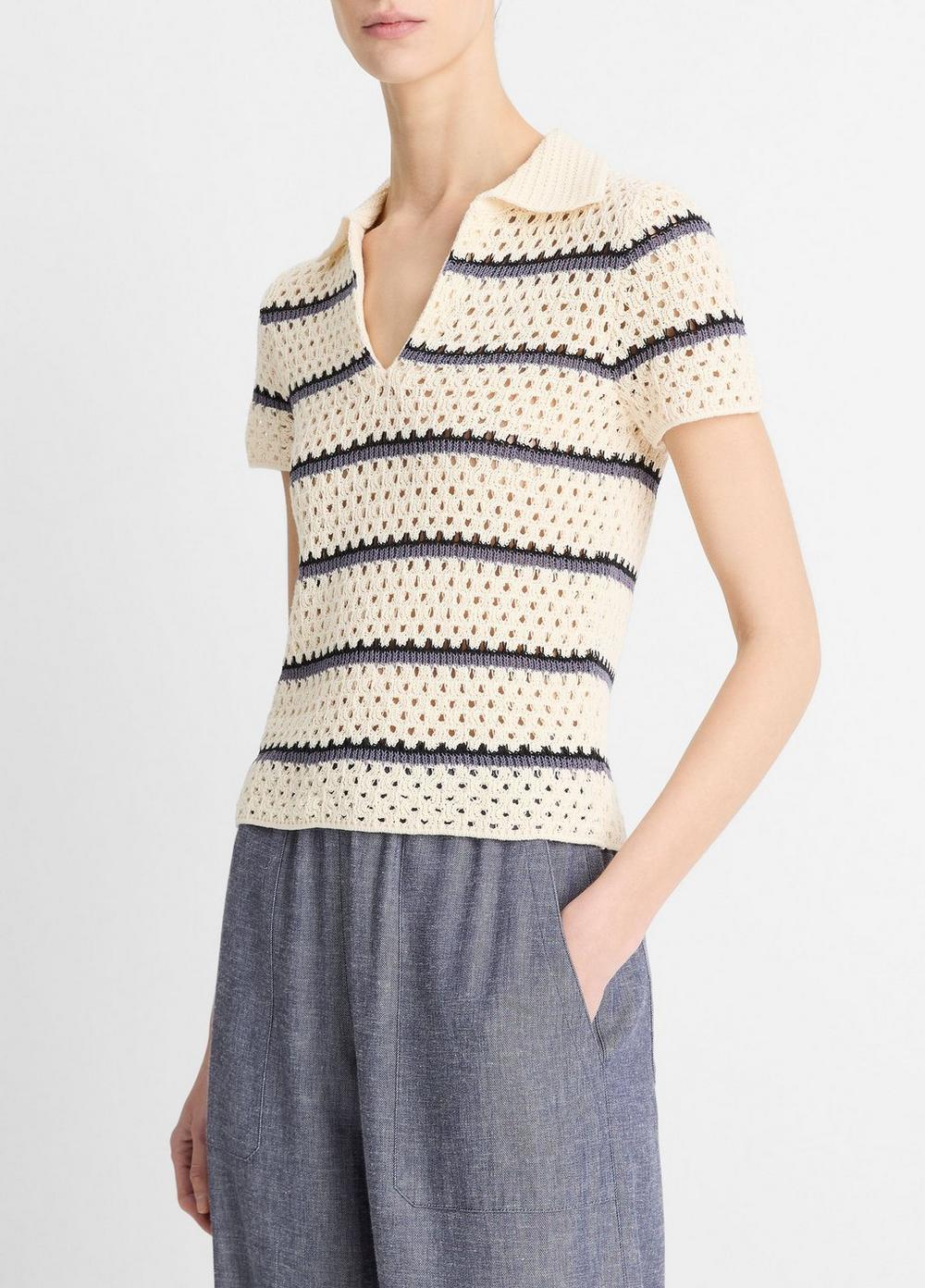 Striped Macramé Cotton Polo Sweater Product Image