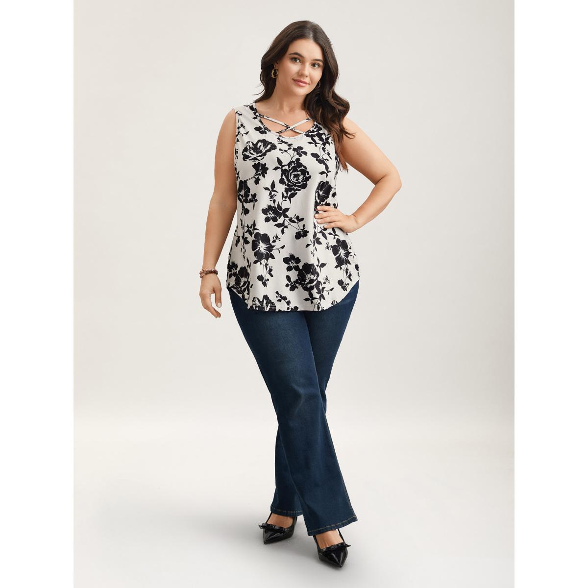 Plus Size Rosy Print Neck-Tie Fitted Vest Women WhiteSmoke Elegant Contrast U-neck Everyday Tank Tops Camis BloomChic 10/M Product Image