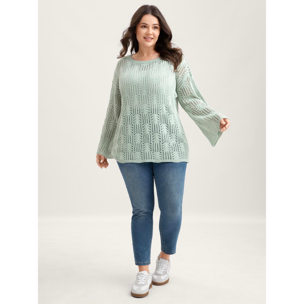 Plus Size Textured Cut-Out Flared Sleeve Lightweight Pullover Greenbean Women Leisure Loose Long Sleeve Round Neck Casual Pullovers BloomChic 22-24/3X Product Image