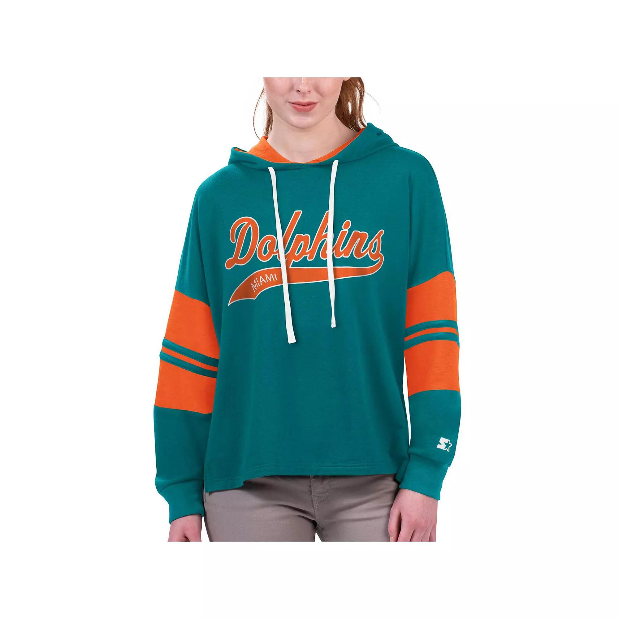 Women's Starter Aqua Miami Dolphins Bump And Run Long Sleeve Hoodie T-Shirt,  Product Image