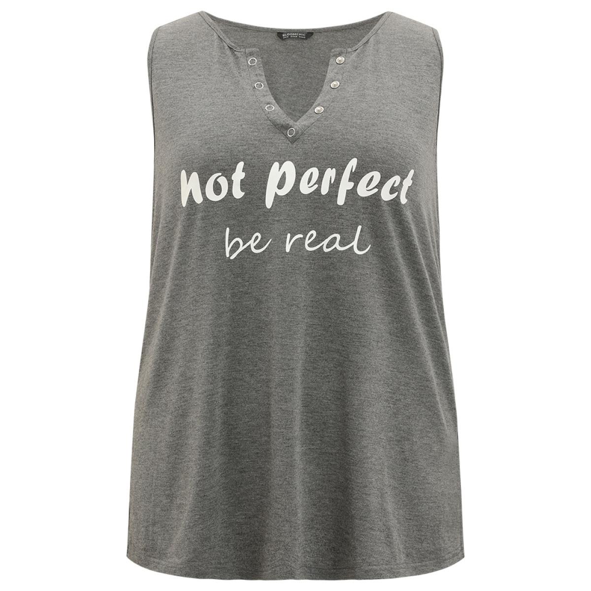 Plus Size Letter Print Button Notched Tank Top Women DarkGray Casual Printed Dailywear Tank Tops Camis BloomChic 14-16/1X Product Image