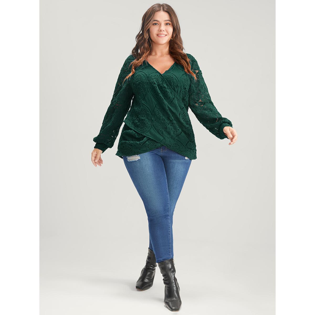 Plus Size DarkGreen Solid Crossover Hem Lace Blouse Women Glamour Long Sleeve V-neck Going out Blouses BloomChic 12/L Product Image